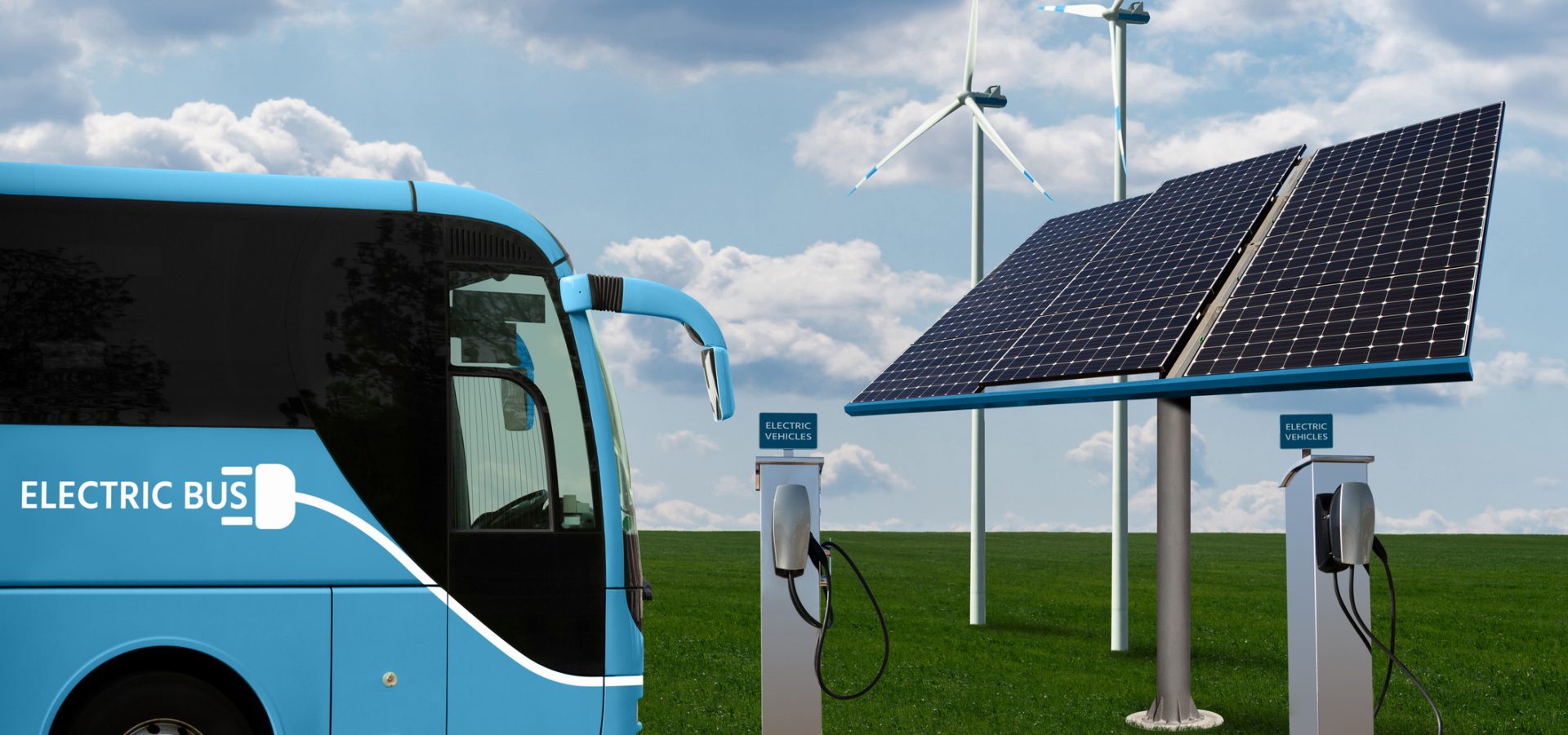 Electric bus with charging station on a background of Solar panels and wind turbines. Clean mobility concept