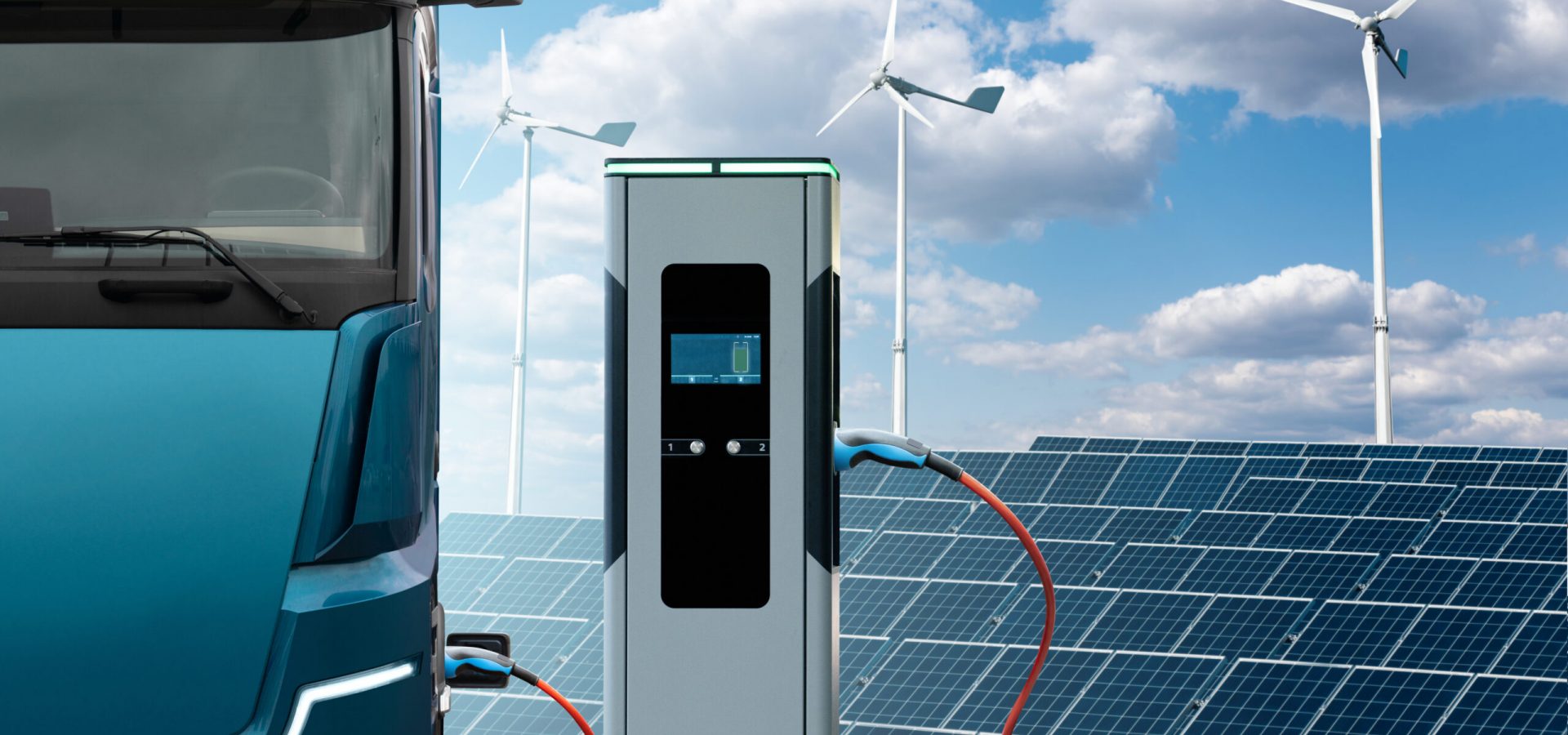 Electric truck with charging station on a background of solar panels and wind turbines. Concept